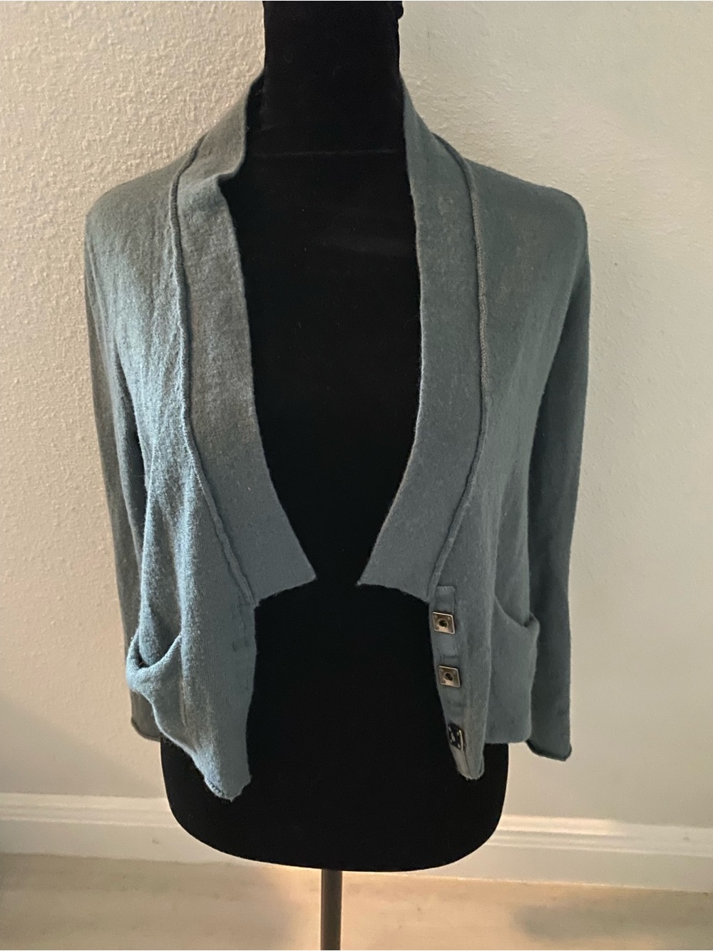 Free People Light Teal Open-Front Shawl Collar Cardigan